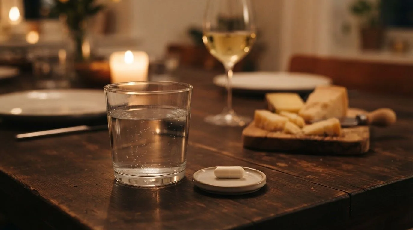 Diamine oxidase 20,000 HDU supplement placed near a wine glass and aged cheese